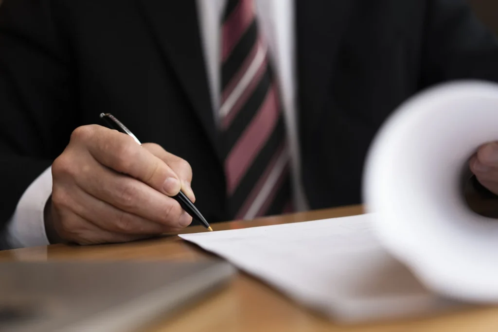 Person in a suit signing a document
