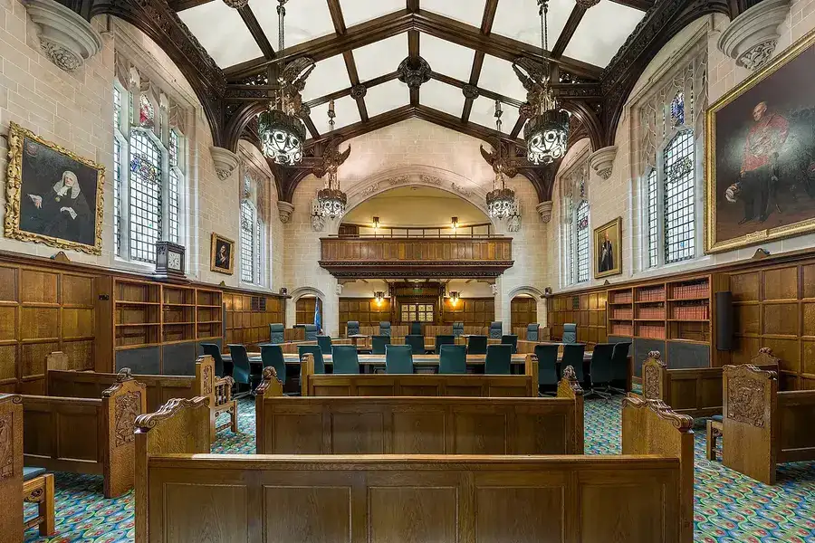 A panelled courtroom